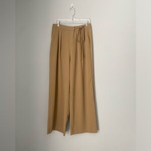 Wide leg camel brown flowy trousers pants sz Large Cómmense tie waist pleated